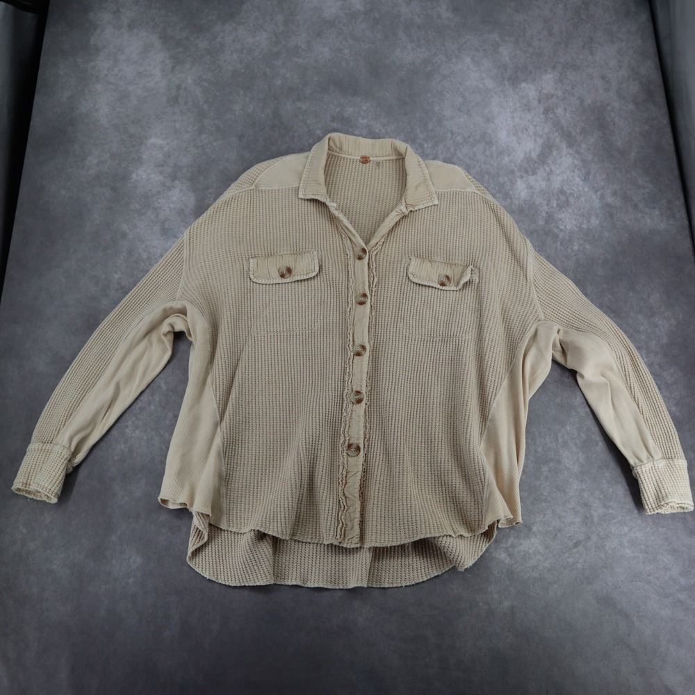 Free People Scout Jacket Thermal Shacket Waffle Knit Oversized XS Beige Cotton